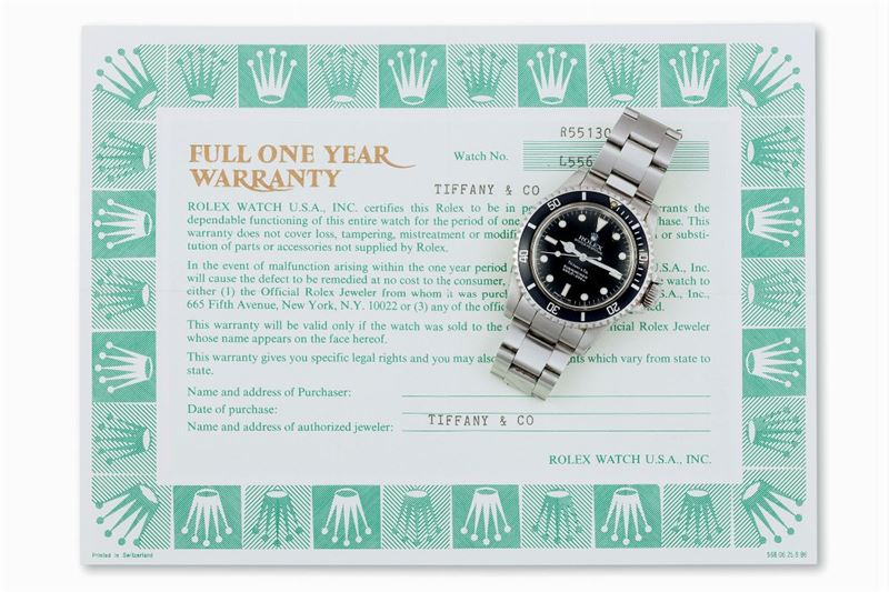 ROLEX, Submariner, Oyster Perpetual, 660 ft/ 200 m., cassa No. L556086,  Ref. 5513. Orologio da polso, in acciaio, automatico, impermeabile con  bracciale originale Rolex Oyster con chiusura deployante fliplock.  Accompagnato da scatola