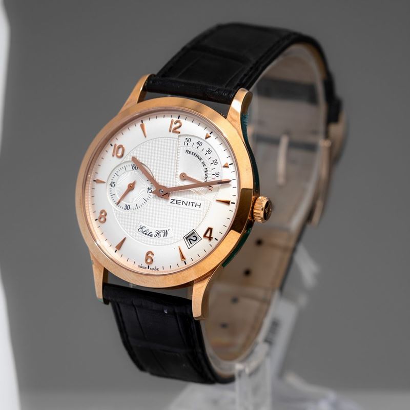 ZENITH - Elite HW oro rosa 18k con riserva di carica, datario e secondi al  nove. Accompagnato da scatola originale e garanzia NOS - Asta Orologi da  Polso e da Tasca -