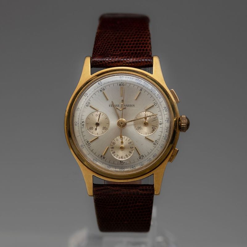 ULYSSE NARDIN - Cronografo tre contatori Valjoux 72 con cassa in oro  giallo, tasti quadri e fondello a scatto. - Asta Orologi da Polso e da  Tasca - Cambi Casa d'Aste