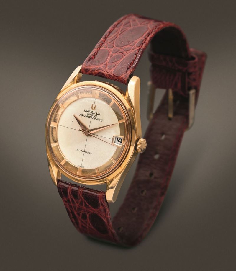 UNIVERSAL GENEVE - Polerouter in oro rosa 18k, movimento auotmaticco con  microrotore e datario.\u003cBR\u003eIconico orologio disegnato dal celebre Gerald  Genta - Asta Orologi da Polso e da Tasca - Cambi Casa d'Aste