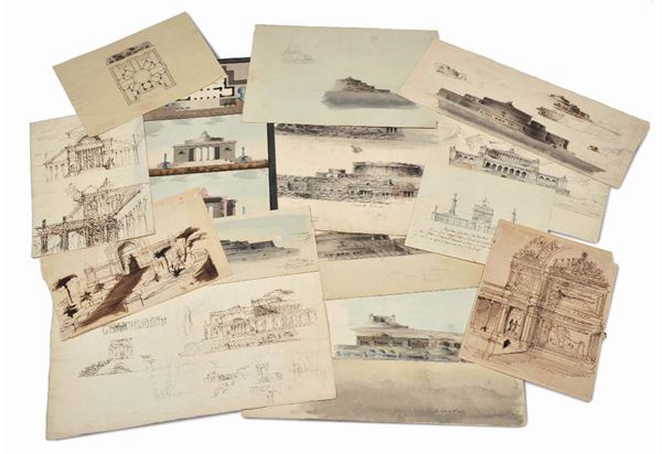 Quattordici bozzetti architettonici in parte acquerellati, XIX secolo