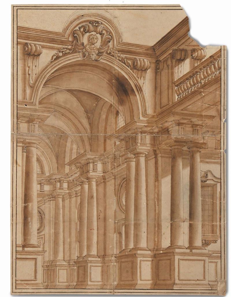 Ferdinando Galli Bibiena (1656-1743), scuola di<br>Architetture (Interno di chiesa)  - Auction The Collestions of a Fine Bolognese Art Connoisseur - Cambi Casa d'Aste