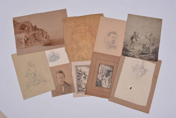 Lotto di dieci disegni a china e matita su carta di ignoti autori del XIX secolo