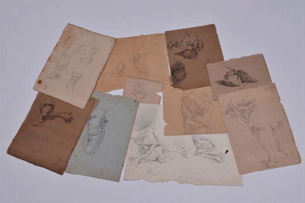 Lotto di dieci disegni di cui otto attribuiti al Sordino raffiguranti studi di panneggi