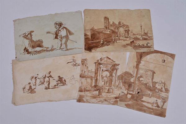 Lotto di cinque disegni del XX secolo, matita e acquerello su carta