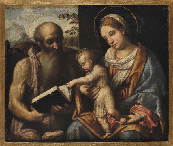 Moretto da Brescia (1490/98-1554) Madonna, Bambin Gesù e Santo con libro