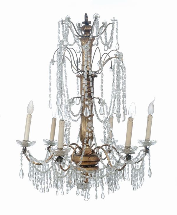 Lampadario Luigi XVI a sei luci in legno intagliato e dorato e cristalli