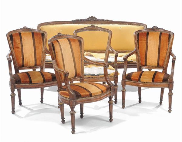 Salotto Luigi XVI composto da quattro poltrone e divano