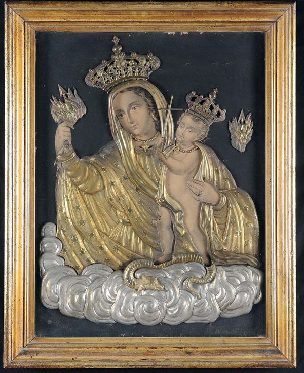 Litografia raffigurante Madonna con Bambino con riza in metallo argentato