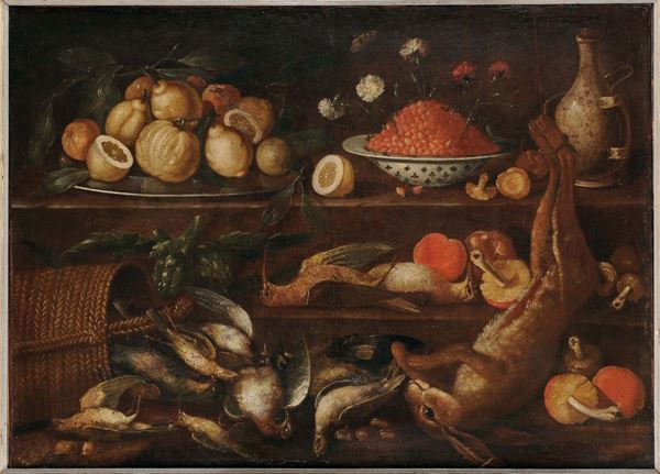 Scuola del XVIII secolo Natura morta con frutta e cacciagione