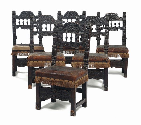 Sei sedie con sedile in cuoio, XIX secolo