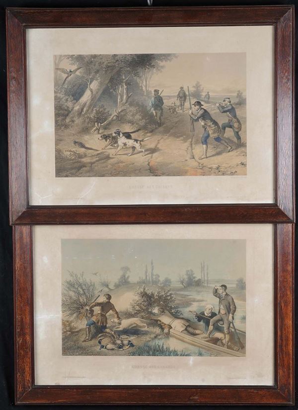 Quattro stampe a colori con scene di caccia, Germania XIX secolo