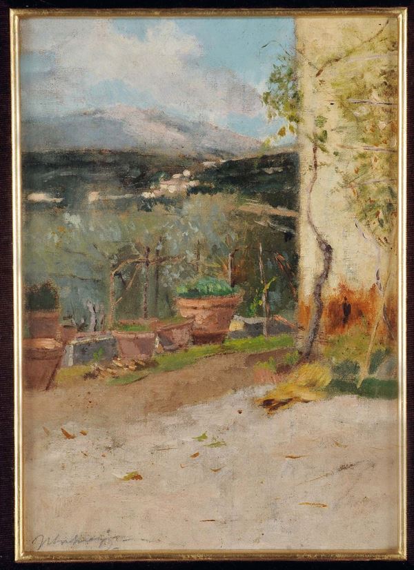 Ulvi Liegi (1859-1939), attribuito a Terrazzo con vasi