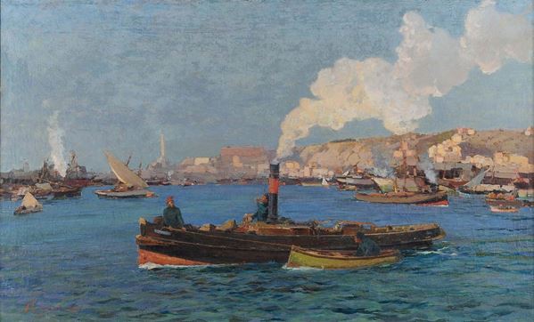 Andrea Figari (1858-1945) Veduta del porto di Genova con rimorchiatori