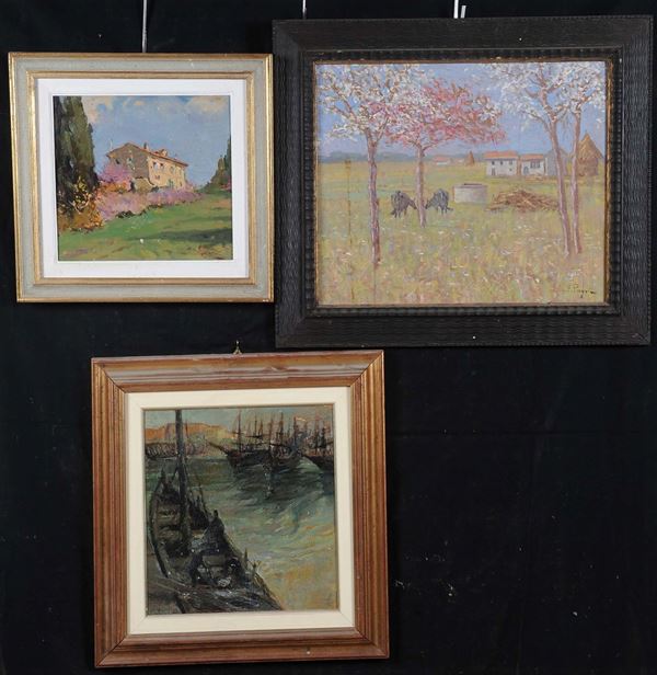 Tre dipinti con vedute campestri e velieri in porto