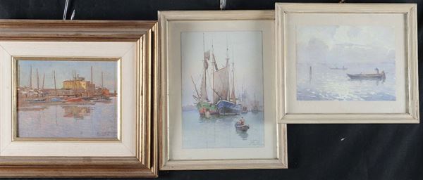 Lotto di tre dipinti con marine di cui due acquerelli