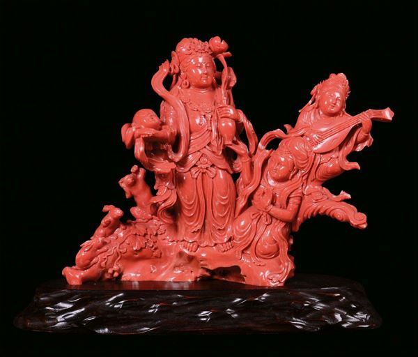 A red coral group with violinist, people and animals, China, Qing Dynasty, 19th century