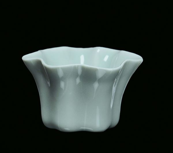 A small rare Celadon porcelain bowl with shaped rim, China, Qing Dynasty, Qianlong Period (1736-1795)