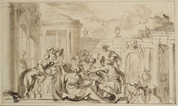 Domenico Piola (Genova 1627-1703) Gruppo di personaggi e architetture