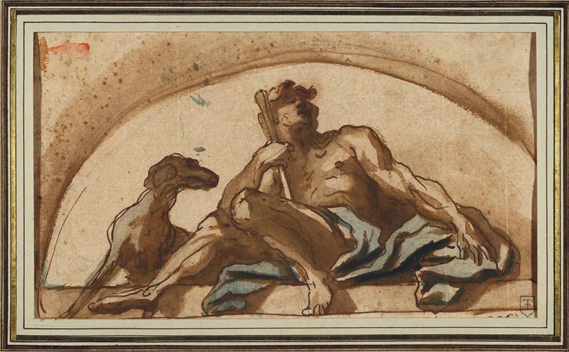 Domenico Piola (Genova 1627 - 1703)<br>Uomo con levriero  - Asta Disegni Antichi - I - Cambi Casa d'Aste