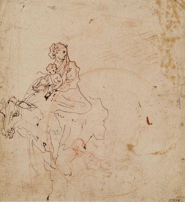 Francesco Castiglione (Genova 1641 - 1716) Recto: Fuga in Egitto Verso: Due figure con gregge