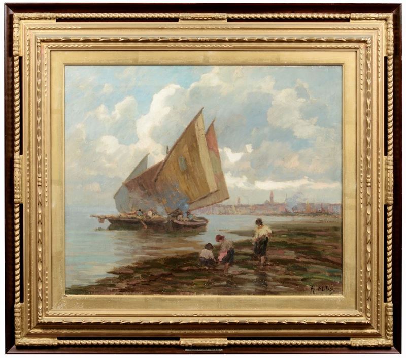 Alessandro Milesi (Venezia 1856-1945)<br>Barche a Venezia  - Auction 19th and 20th Century Paintings - Cambi Casa d'Aste