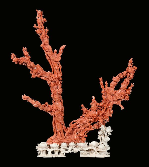 A red coral “Guanyin and flowers” group, China, Qing Dynasty, late 19th century