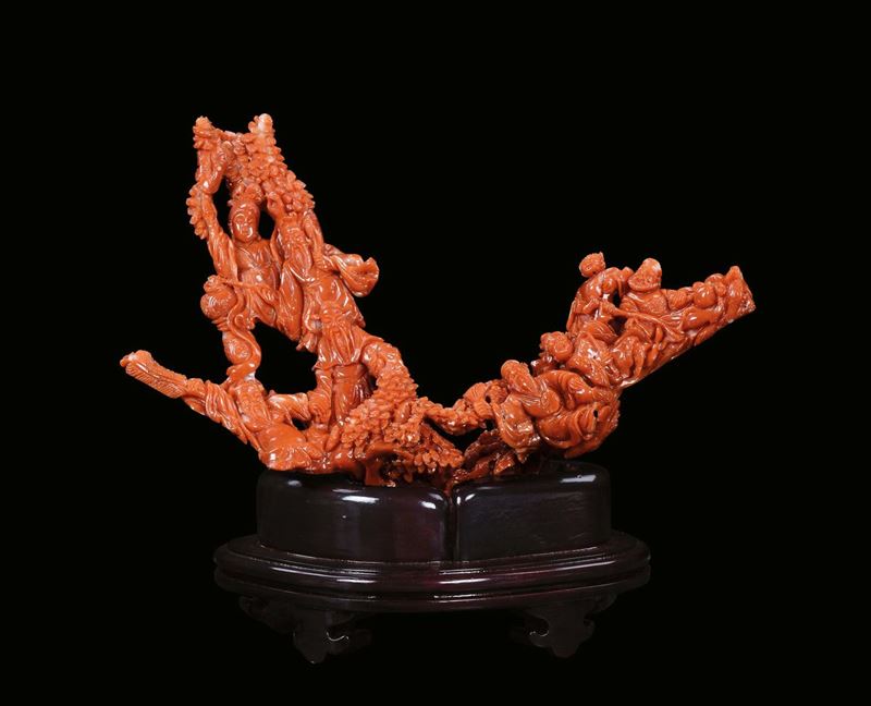 Gruppo in corallo a forma di ramo con figure, Cina, inizio XX  secolo  - Asta Fine Chinese Works of Art - I - Cambi Casa d'Aste