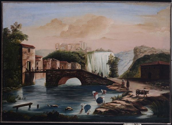 Anonimo del XIX secolo Paesaggio con cascata Veduta di paesaggio costiero