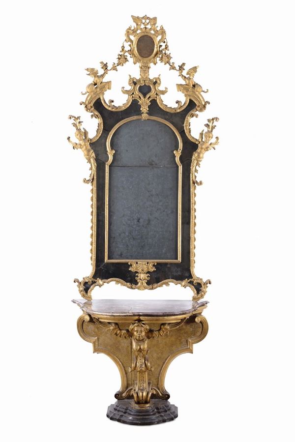 Console con specchiera in legno intagliato e dorato, XVIII secolo