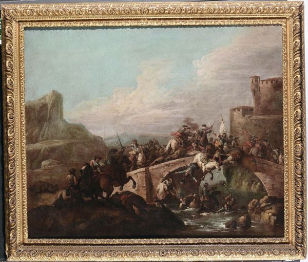 Giuseppe Zais (Forno di Canale 1709 - Treviso 1781), attribuito a Battaglia con cavalieri su un ponte