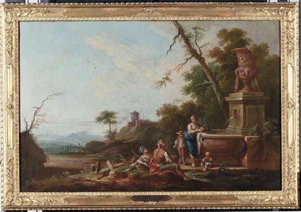 Giuseppe Zocchi (Firenze 1711-1767) Scena campestre con contadini presso una fontana Veduta costiera  [..]