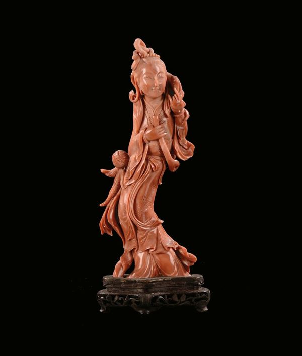 A coral figure of Guanyin, China, Qing Dynasty, late 19th century