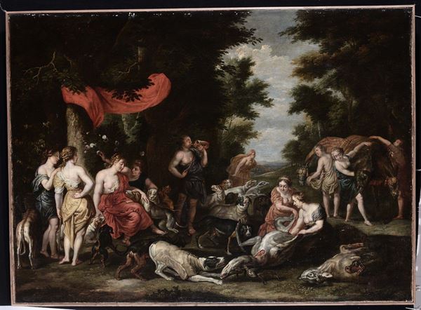 Scuola Fiamminga del XVII secolo Diana con figure ed animali
