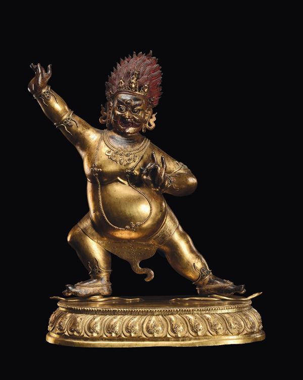 Grande ed importante figura in bronzo dorato e rame di Vajrapani, Cina, Dinastia Qing, XVIII secolo