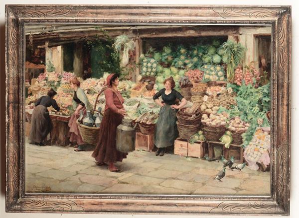 Stefano Novo (1862-1927) Scena di mercato a Venezia
