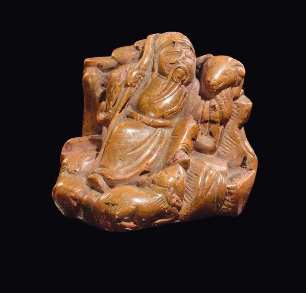 Gruppo con saggio ed animale in pietra medicale Cina, Dinastia Qing, epoca Qianlong (1736-1796)