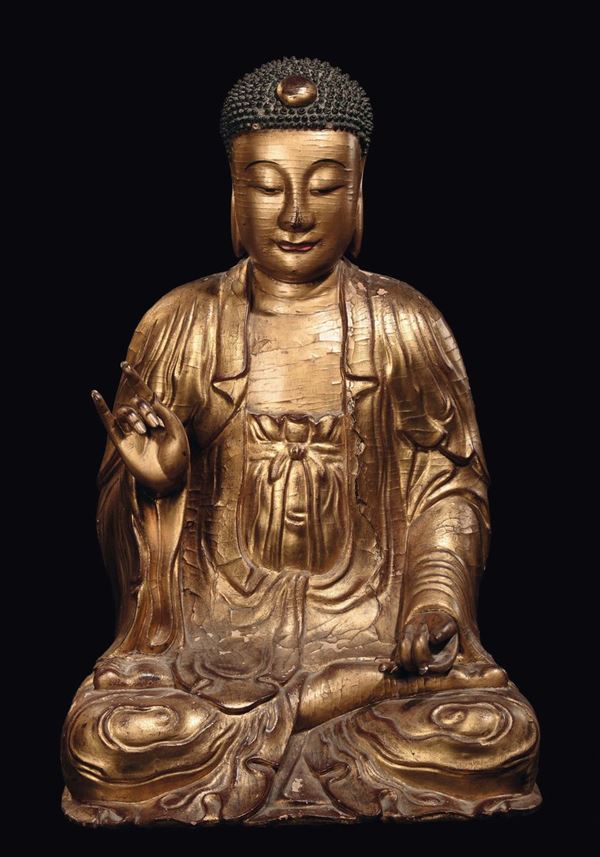 Importante figura di Buddha in legno dorato, Cina,Dinastia Yuan (1279-1368)