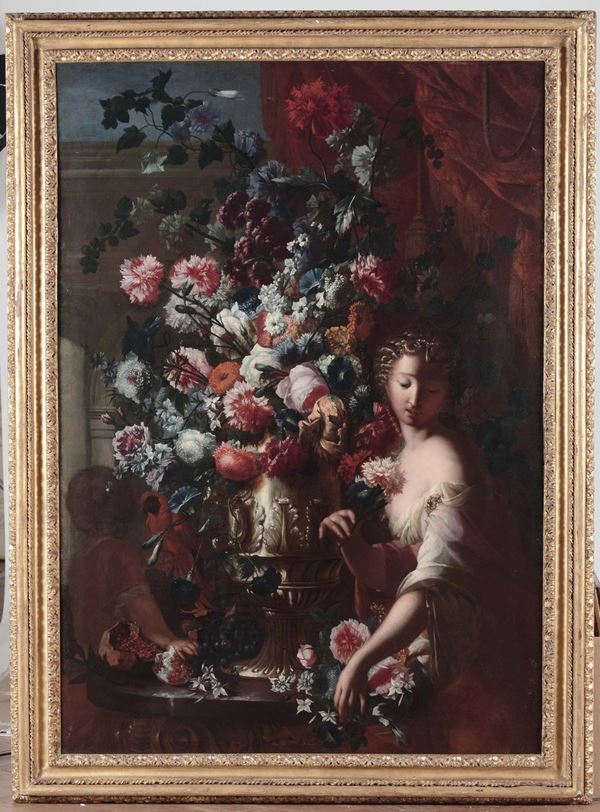 Karel Van Vogelaer (Maastricht 1653 - Roma 1695) Trionfo di fiori in un vaso d’argento, una donna e  [..]