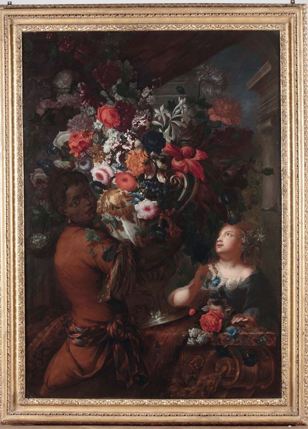 Karel Van Vogelaer (Maastricht 1653 - Roma 1695) Trofeo di fiori in un vaso d’argento sorretto da un servo moro e una fanciulla