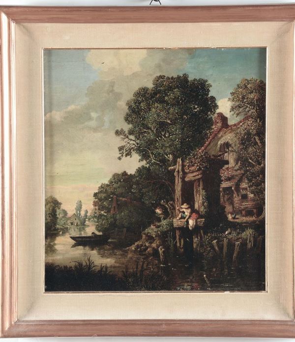Leon Legat (1829-?) Paesaggio fluviale con pescatore