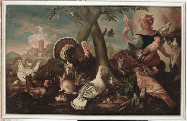 Scuola Lombarda del XVIII secolo Figura femminile con animali