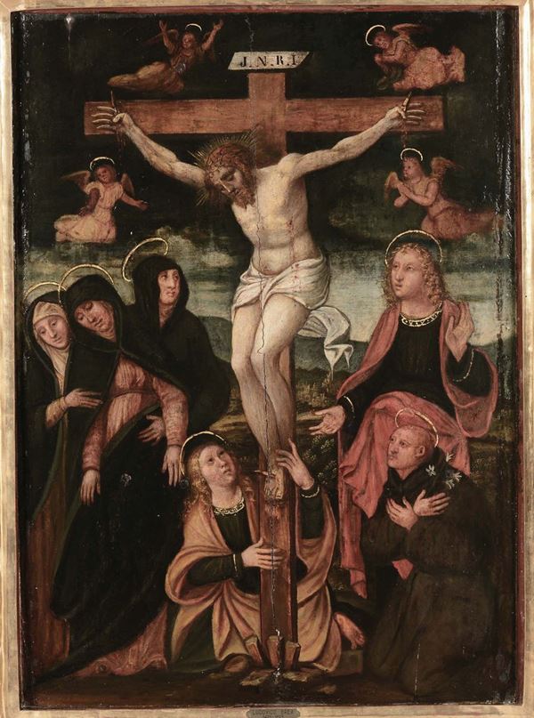 Scuola Piemontese del XVI secolo Crocefissione con figure e Santi