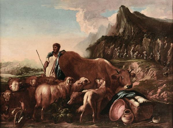 Salvatore Castiglione (Genova 1620 - dopo 1676) Paesaggio bucolico con animali
