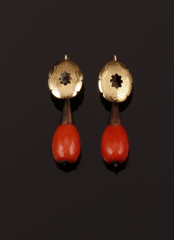 Pair of coral and gold pendant earrings