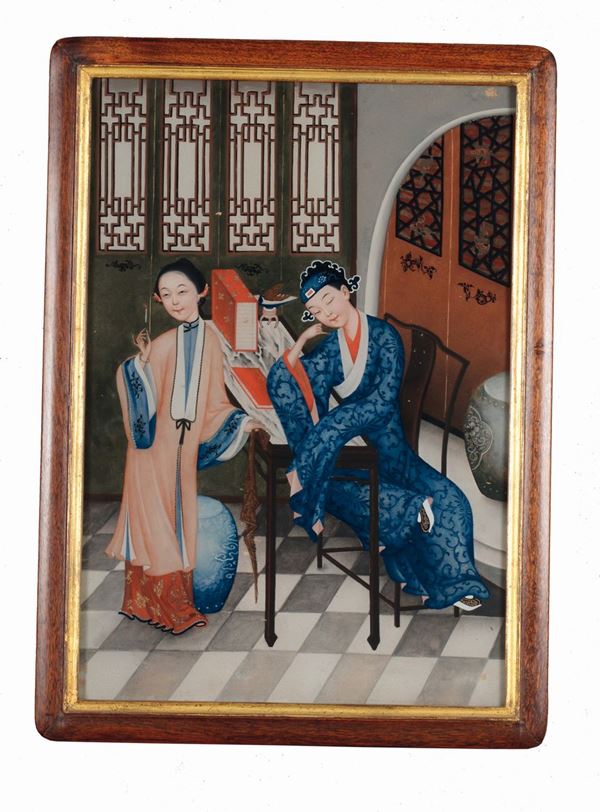 Coppia di dipinti ad olio su vetro con figure femminili in interni, Cina, XIX secolo