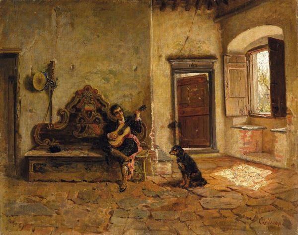 Bartolomeo Giuliano (Susa 1825 - Milano 1909) Figura con chitarra e cane in un interno, 1900