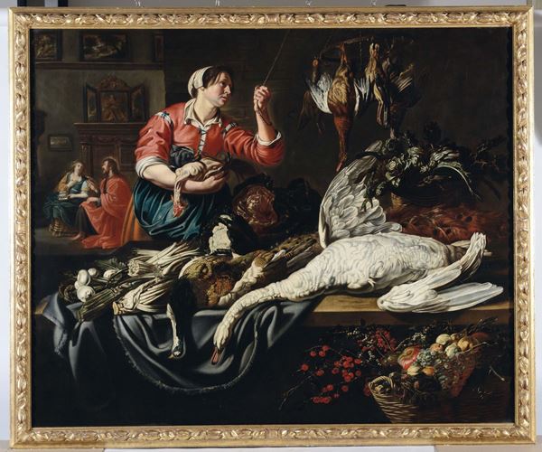 Adriaen van Utrecht (Antwerp 1599 - 1652) Scena di cucina con Cristo nella casa di Marta e Maria