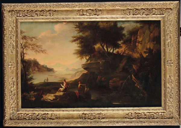Jacob de Heusch (Utrecht 1656- Amsterdam 1701) Paesaggio con corso d’acqua e figure Paesaggio con cascatelle di Tivoli