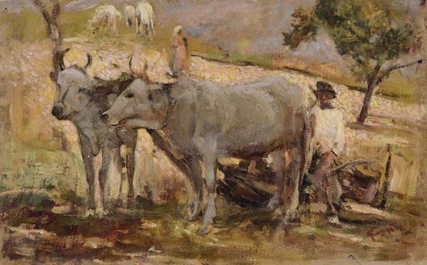 Cesare Ciani (Firenze 1854-1925) Buoi con contadino